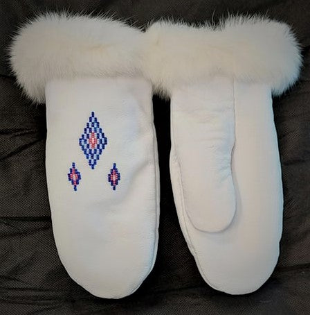 Women's white leather handmade gloves (RABBIT FUR)